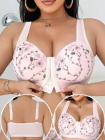 Plus Size Floral Embroidered Wireless Bra – Front Closure with Lift Support