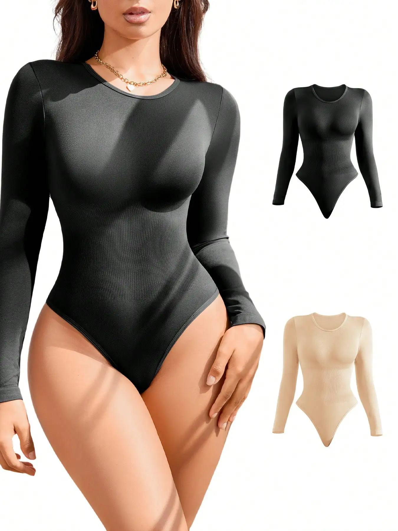 kf-S6cdc0646abec4682ada4ccf296126bc1y BWQ 2-Pack Slimming Bodysuits β Seamless Long-Sleeve Tummy Control & Butt Lifter Shapewear Set - Image 1