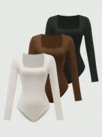 BWQ Summer & Fall Square Collar Bodysuit – Long Sleeve Tight Fit for Inner or Outer Wear, 3 Colors - Image 4